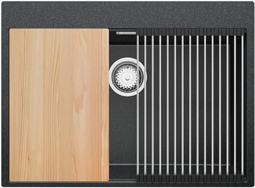 Spülbecken Graphit 68x50 cm, Granitspüle 1 Becken + Ablauf-Set, Küchenspüle ab 70er Unterschrank, Einbauspüle von Primagran