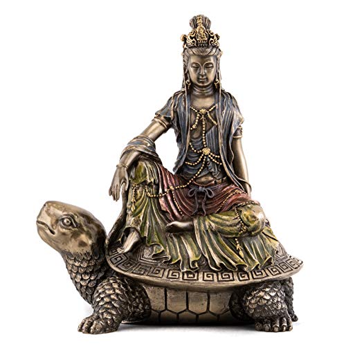 Buddhistische Göttin Wasser Mond Quan Yin auf Schildkröte Statue Guan Bronze Puder aus