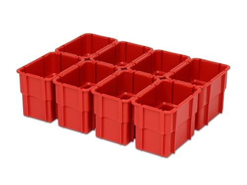 Einsatzkasten Einteilungs-Set für Eurobehälter, Schubladen mit Innenmaß 362x262 mm (LxB), 102 mm hoch, verschiedene Größen/Farben (8er Set, rot)