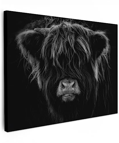 MuchoWow© Bild auf Leinwand 40x30 cm Schlafzimmer Bilder Wand Deko Wohnzimmer Modern Wanddeko Bilderwand Geschenk Schottisches Hochlandrind - Highland Cow - Kuh - Schwarz und Weiß - Tiere