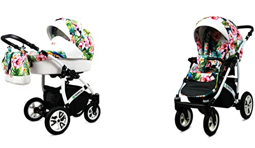BabyLux Tropical 2-in-1 Bouncing Baby Stroller und Zubehör Kinderwagen Verstellbar und faltbar Aluminium Konstruktion Wasserdicht Nicht abnehmbare Räder Toucans In The Tropics