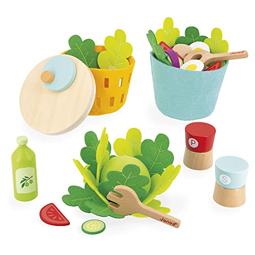 Janod - Ma Salad Composé - Imitation Kitchen and Dinette Toy - 33 Wooden and Felt Elements - FSC-Certified - Water-Painted - for 3 Years and Above