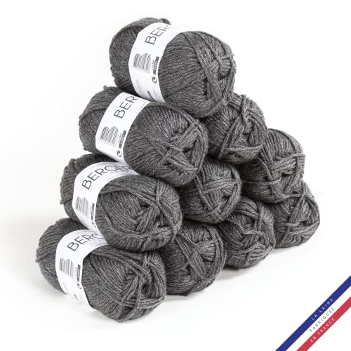Bergère de France - IMAGE, Wolle set zum stricken und häkeln (10 x 50 g) 50% Merinowolle - 5,5 mm - dickes und weiches Garn, ideal zum Verdrehen - Grau (ROCHER)