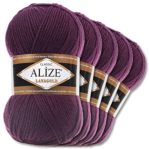 Alize 5 x 100 g Lanagold Wolle | 53 Auswahl | Stricken Häkeln Wolle (111 | Pflaume)