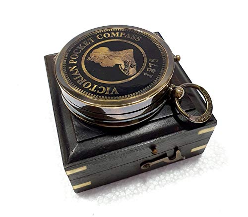 Victorian Taschen-Kompass rund Nautik Antik 2,75 Zoll Navigationskompass aus Messing mit schwarzer Holzbox