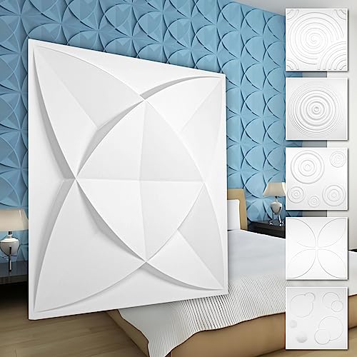 HEXIM 3D Wandpaneele, PVC Kunststoff weiß - Kreis Design Paneele 50x50cm Wandverkleidung (5QM HD112) Feuchtraumpaneele Wand glatt