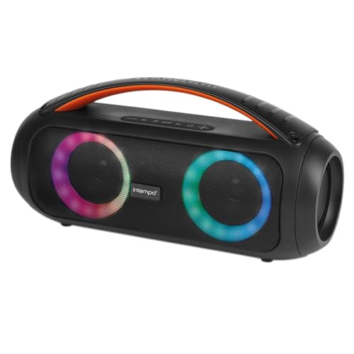 Intempo EE7508BLKSTKEU7 Bluetooth Boombox Lautsprecher – LED Farbwechsel Lichter, Tragegriff, Steuerpanel, Freisprecheinrichtung, Stereo-Sound, Wireless, wiederaufladbare, 6 Stunden Akkulaufzeit