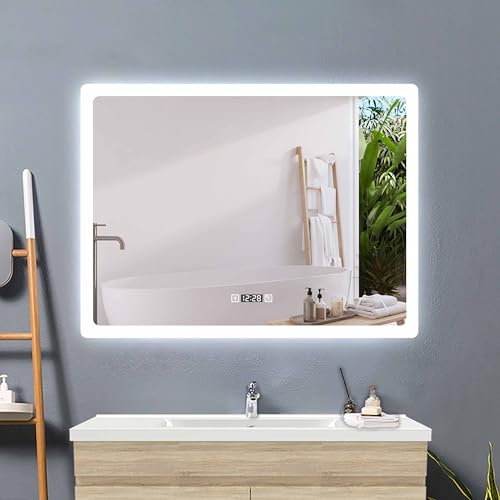 Acezanble Badezimmerspiegel mit Beleuchtung 3 Lichtfarbe Dimmbar mit Memory,80x60cm LED Spiegel mit Uhr Touch Beschlagfrei,Energiesparend Badspiegel Wandspiegel