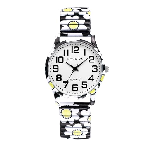 Lancardo Damen-Armbanduhr: Bohemia Flower Elastic Analog Quarz große Ziffern weißes Zifferblatt Armbanduhr leicht zu lesen, weiße blumen, Täglich