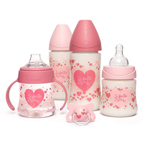 Suavinex 306358 Suavinex-Set für Neugeborene, 2x Babyflasche 270 ml + 150 ml + 150 ml + physiologischer Babyschnuller -2-4 Monate mit Silikon-Sauger, rosa