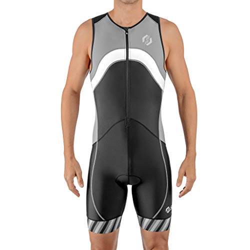 SLS3 Triathlon Einteiler Herren | FX Trisuit | 2 Taschen | Wettkampf | Frontreißverschluss | Schwarz (Black/Gray Stripes, M)