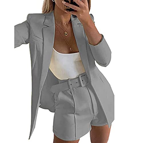 Yokbeer Damen Zweiteiliger Anzug Set Langarm Revers Business Büro Einfarbig Blazer Anzugjacke Hosenanzug Slim Fit Shorts 2 Stück Anzugsets mit Gürtel (Color : C, Size : L)