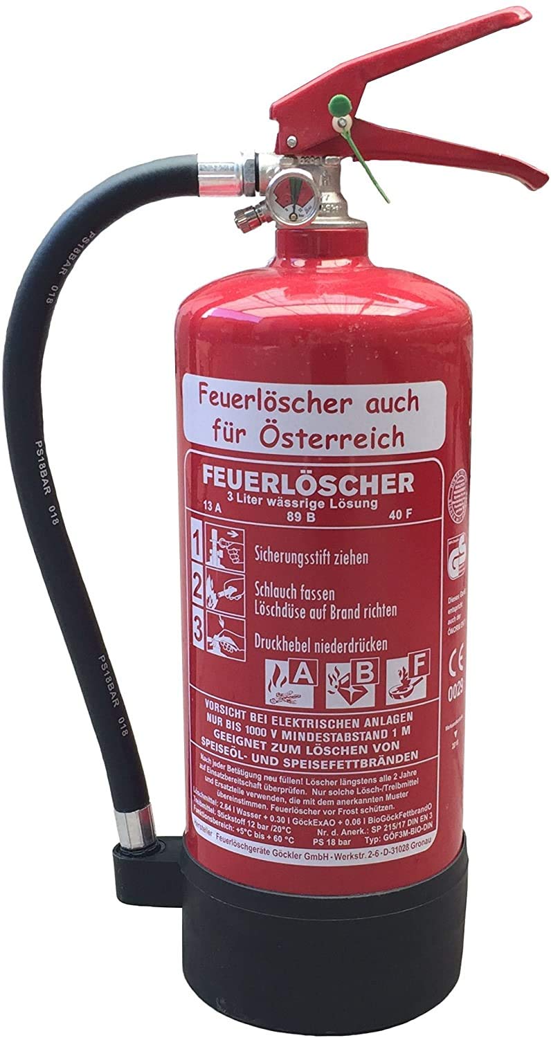 Premium Auto Schaum Feuerlöscher auch für Österreich DIN EN3 GS + Wandhalter + Manometer + Standfuß, Fettbrandlöscher 13 A, 89 B, 40F = 4 LE