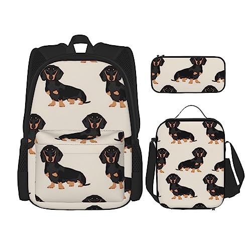 TOMPPY Rucksack-Set, 3-teilig, Schultaschen mit Lunchbox und Federmäppchen, mit niedlichem Hundemotiv, Schwarz , Einheitsgröße, Schulranzen-Set