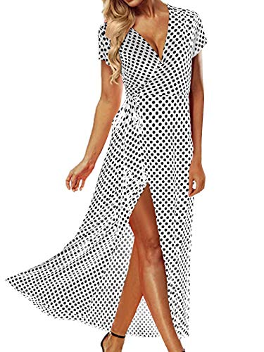 ACHIOOWA Sommerkleid Damen Tief V Ausschnitt Kurzarm Tallierte Maxi Strandkleid Hohe Schlitz mit Gürtel Weiß-646313 L