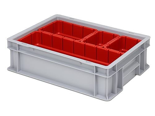 Einsatzkasten Einteilungs-Set für Eurobehälter, Schubladen mit Innenmaß 362x262 mm (LxB), 102 mm hoch, verschiedene Größen/Farben (4er Mix Set inkl. Box, rot)