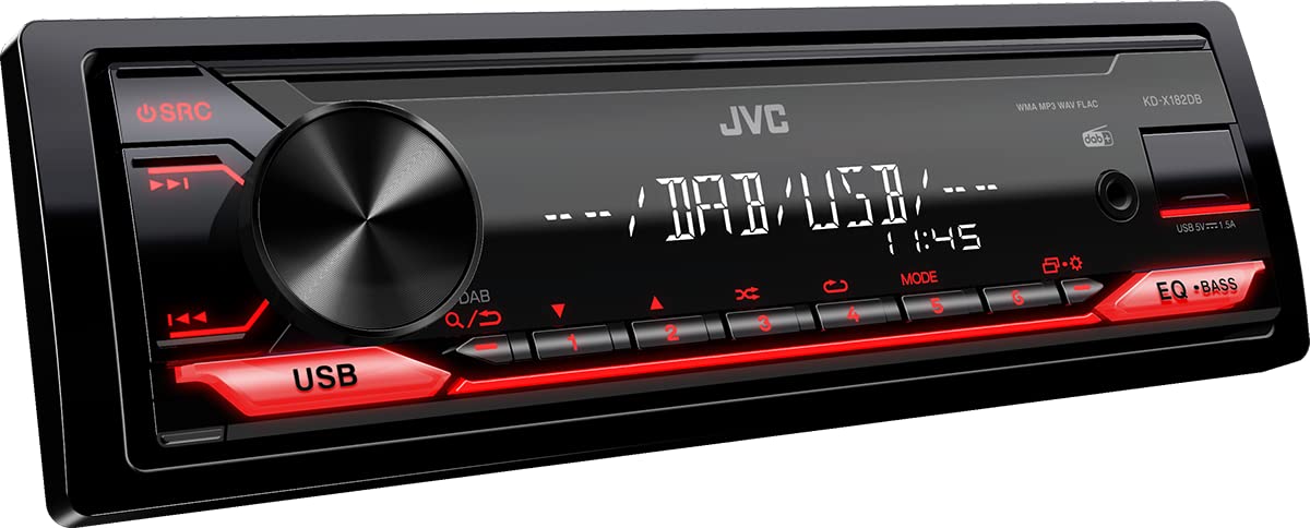 JVC KD-X182DB USB-Autoradio mit DAB+ (USB, AUX-In, 1 x Pre-Out 2,5V, Soundprozessor, 4x50 W, Tastenbeleuchtung rot), Schwarz
