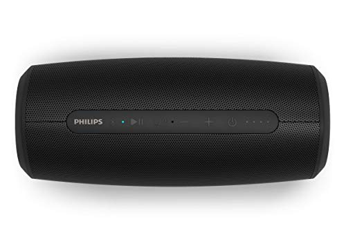 Philips S6305/00 Bluetooth-Lautsprecher mit Power Bank-Funktion (Bluetooth 5.0, Wasserfest, 20 Stunden Laufzeit, 2 passive Bassstrahler, USB, mehrfarbige LED-Leuchten), Schwarz - 2020/2021 Modell