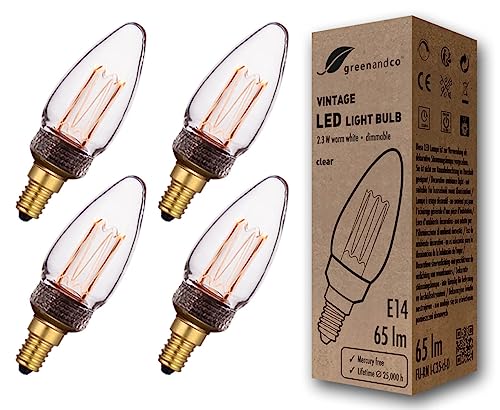 greenandco 4x dimmbare Vintage Design LED Lampe E14 C35 2,3W 65lm 1800K klar extra warmweiß 320° 230V flimmerfrei Edison Glühbirne zur Stimmungsbeleuchtung, 2 Jahre Garantie