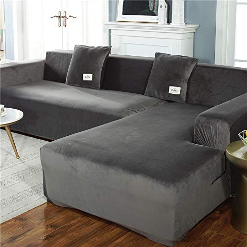 OKJK Verdickte Plüsch sofabezug, mit Kissenbezug für Wohnzimmer L-Form Chaiselongue-Sofa (2 Stück zu bestellen), elastische rutschfeste sofaüberwurf (Dark Grey,2-Seater 145-185cm)