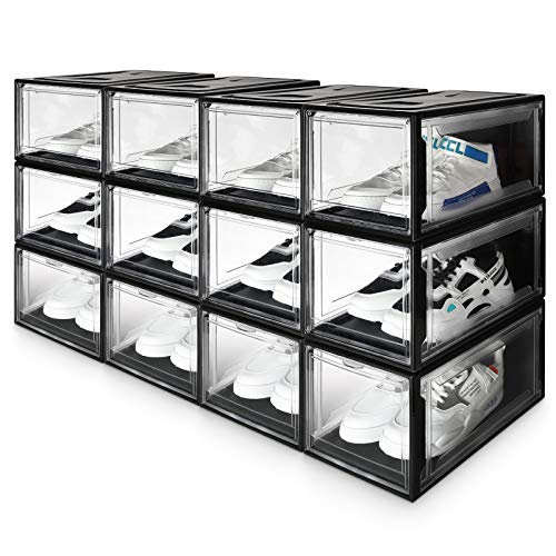 Yorbay 12er Set, Schuhbox Schuhregal, stapelbarer Schuhorganizer, plastikbox mit durchsichtiger Tür, Schuhaufbewahrung, 37 x25,5 x 20 cm, für Schuhe bis Größe 48, Super transparent schwarz