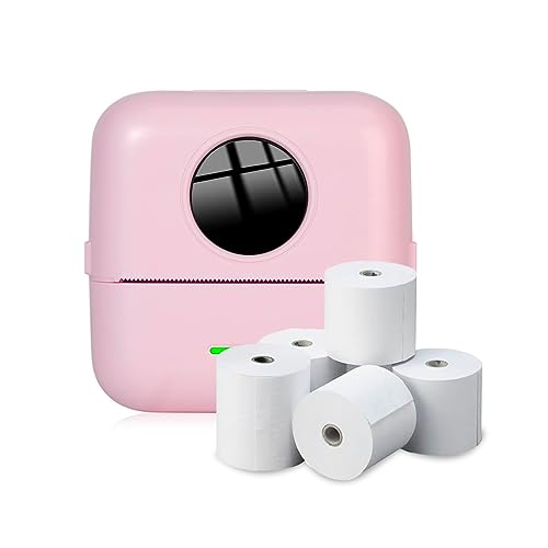 NK Tragbarer Fotodrucker mit 5 Thermopapierrollen – Mini kabelloser mobiler Thermodrucker, USB-Kabel, kompatibel mit iOS und Android, Pink