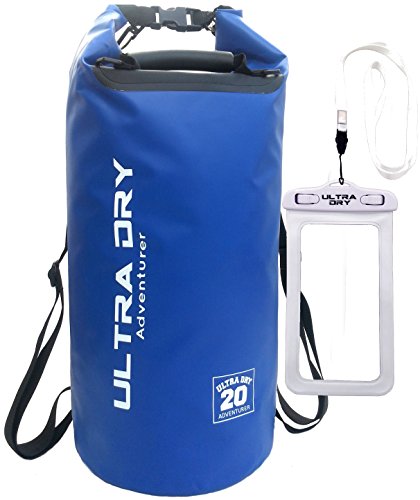 Premium Wasserdichte Tasche, Sack mit Handy-Trockentasche und langem, verstellbarem Schultergurt, ideal für Kajakfahren/ Bootfahren/ Kanufahren / Angeln / Rafting / Schwimmen / Camping (Blau, 20 Liter)
