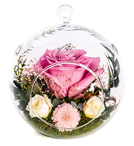 Rosen-Te-Amo Elegantes Gesteck aus 4 konservierte Blumen in hängende Vase; PREMIUM Rosen-Deko handgefertigt aus 100% echtes Bindegrün - Geschenk für exklusive Anlässe