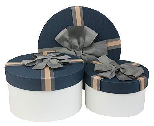Emartbuy Set mit 3 runden Geschenkboxen, weiße Box mit blauem Deckel und gestreiftem braunem Band