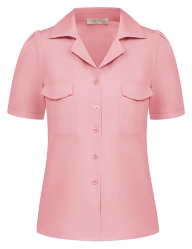 Damen Vintage Bluse Kurzarm Elegant Oberteile Sommer Reverskragen Tops Casual Shirt Freizeit Hellrosa S