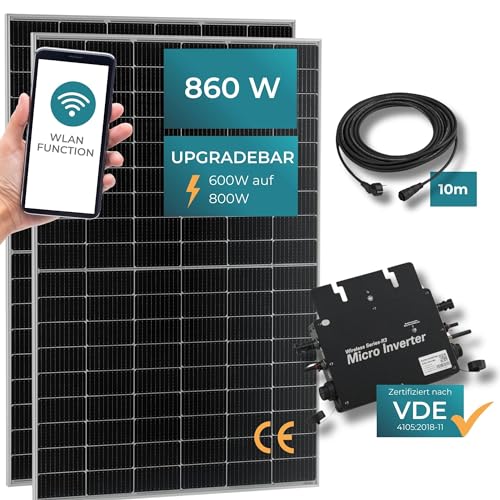 pro.tec Balkonkraftwerk Brusson 860W Solaranlage mit Wechselrichter mit App und WiFi 10m Kabel Komplettset mit 2x430W Solarmodulen Photovoltaik Plug+Play N-Topcon-Technologie