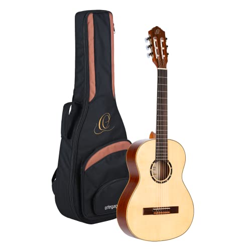Ortega Guitars 6 Saiten Family Series 3/4 Größe Nylon Konzertgitarre mit Tasche, rechts, Fichtendecke, naturglänzend, (R121G-3/4)