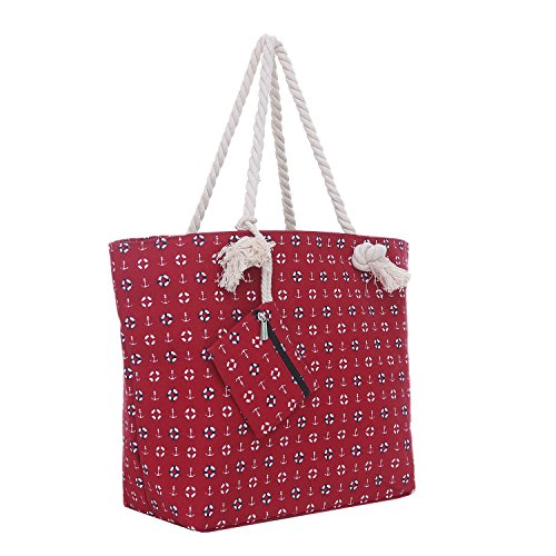 Große Strandtasche mit Reißverschluss 58 x 38 x 18 cm Strand-Maritim Design rot Shopper Schultertasche