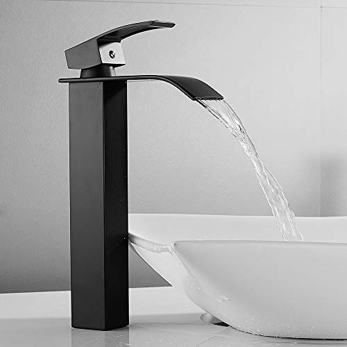 Badezimmerarmatur für Wasserfall-Waschbecken, Mischbatterie für Waschbecken, hoch, modern, aus Messing (Schwarz matt)