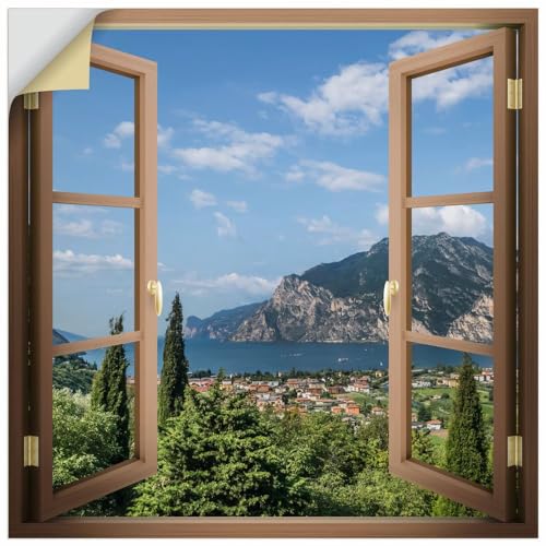 ARTland Wandbild selbstklebende Vinylfolie 30x30 cm Wandtattoo Fensterbilder Fenster Landschaften Natur Berge See Idyll Gardasee Südtirol U5CD