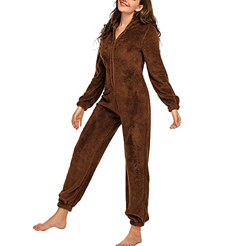 Warme Pyjamas Onesies Flauschige Fleece Overalls Nachtwäsche Plus Size Kapuzen Sets Pyjamas für Frauen Erwachsene Winter ， Braun ， XXL