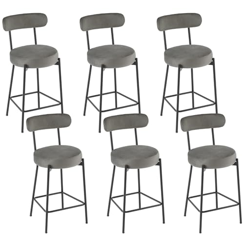 EUGAD Barhocker 6er Set, Barstühle mit Samtsitz Küchenstühle mit Rückenlehne Fußstütze,ergonomischer Bistrostühle,gepolsterter Hocker Metallbeinen,Tresenhocker, Polsterhocker, Dunkelgrau, 1073BY-6