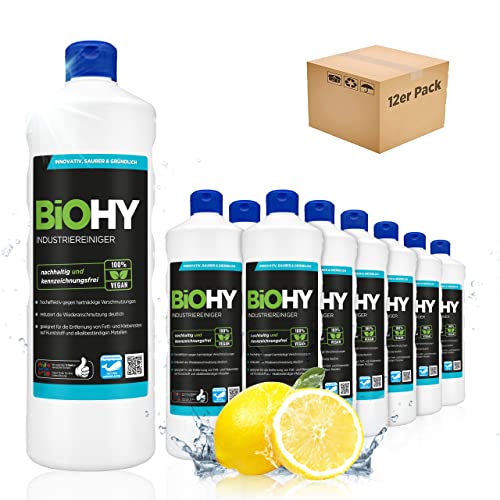 BiOHY Industriereiniger (12x1l Flasche) | niedrigschäumender Schmutzbrecher | entfernt Fette und Öle auf allen wasserfesten Oberflächen | geeignet für den Industrie- und Werkstattbereich