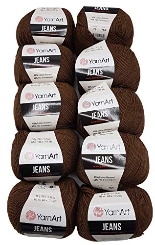 Ilkadim - YarnArt 10 x 50 Gramm Strickwolle YarnArt Jeans einfarbig mit 55% Baumwolle, 500 Gramm Wolle einfarbig (dunkelbraun 70)