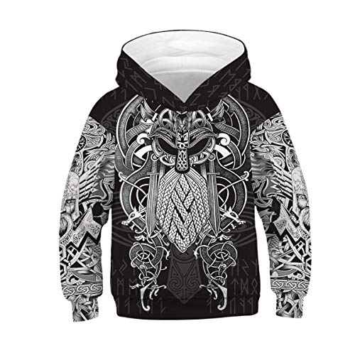 Viking Hoodie Für Kinder, Unisex Nordic Mythology Für Kinder Odin Tattoo 3D-Druck Pullover Sweatshirt, Harajuku Street Hip Hop Jacke, Jungen und Mädchen,Odin,XS