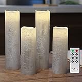4 flammenlose LED Wachskerzen Sliber Rustik-Design mit Fernbedienung und Timerfunktion, inkl. Batterien