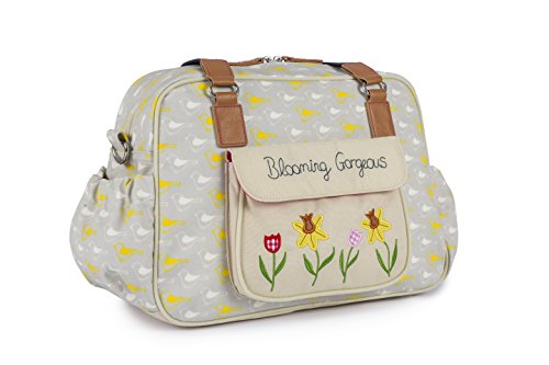 Pink Lining Wickeltasche, Design mit kleinen Vögeln und Blumen, Aufschrift:"Blooming Gorgeous"