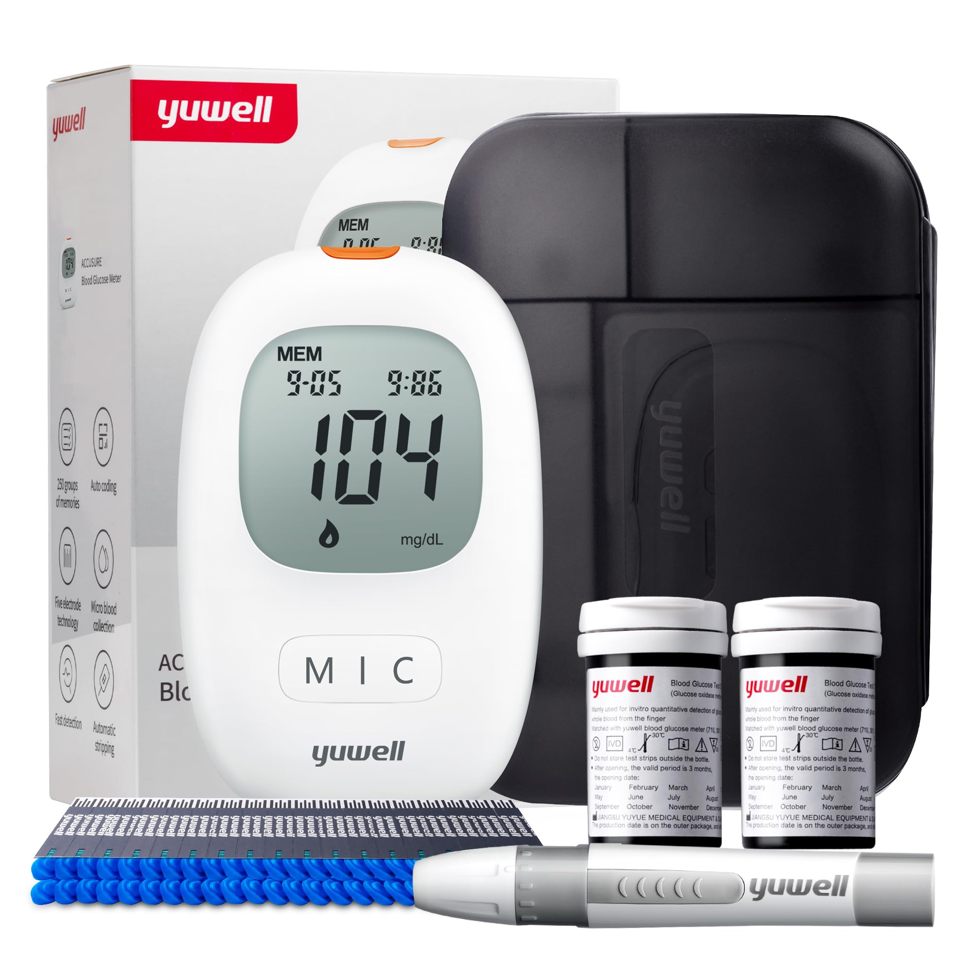 yuwell Blutzuckermessgerät Set mit Teststreifen x 50 und Lanzetten x 50, Diabetes Test ideal für den Heimgebrauch, Zuckermessgerät zur Selbstkontrolle des Blutzuckers bei Diabetes (Modell 710)