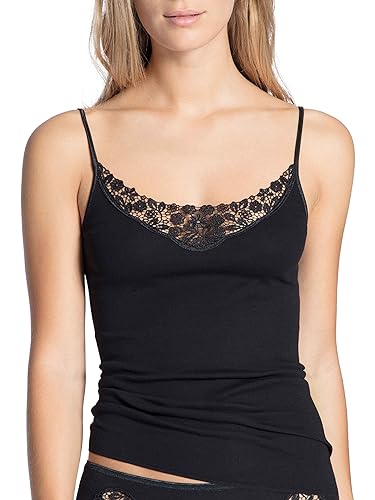 CALIDA Damen Unterhemd Feminin Sense, schwarz, Spaghetti-Top aus 100% Baumwolle, Rundhals mit blumigen Spitzendekolette, Größe: 52/54