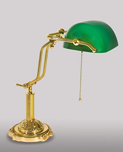 Massive Bankerlampe Grün aus Messing Glas mit Zugschalter Premium Tischleuchte Schreibtischlampe