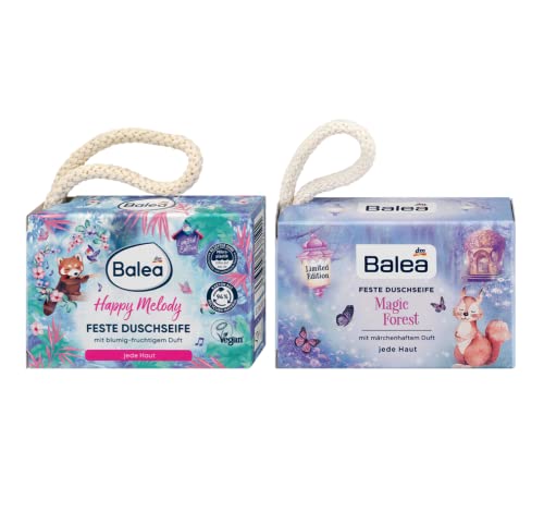 Balea 2er-Set Feste Körperpflege: Duschseife HAPPY MELODY mit blumig-fruchtigem Duft (100 g) + Duschseife MAGIC FOREST mit märchenhaftem Duft (100 g), 200 g