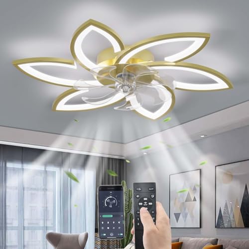 YUNZI Stumm Deckenventilator mit Beleuchtung mit Fernbedienung, LED Dimmbar Ventilator Deckenleuchte Modern Licht für Wohnbereich Schlafzimmer, Einstellbar 6 Geschwindigkeiten, Gold 78CM