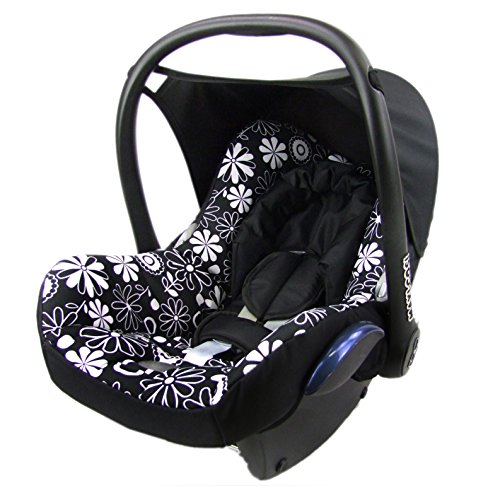 BAMBINIWELT Bezug Ersatzbezug kompatibel mit Maxi-Cosi CabrioFix für Babyschale 6-tlg Komplett-Set (schwarz weiß Blumen)