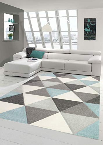 Merinos Teppich Wohnzimmer Teppich Design mit Dreieck Muster in Blau Grau Creme Größe 80x150 cm