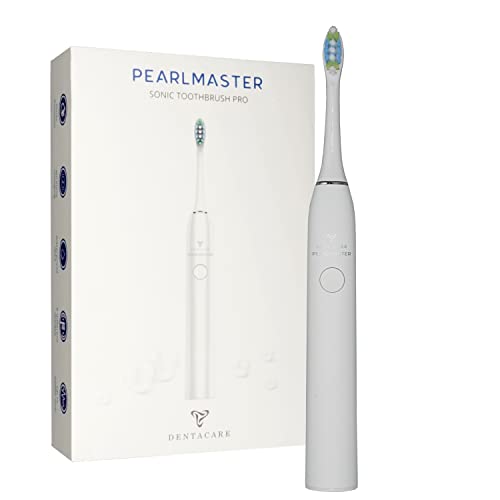 DENTACARE PEARLMASTER Professionelle elektrische Schallzahnbürste (weiß) mit Lithium-Ionen-Akku, zwei Optimal Clean Bürstenköpfen, Netzadapter, induktiver Ladeschale und Reisesperre.